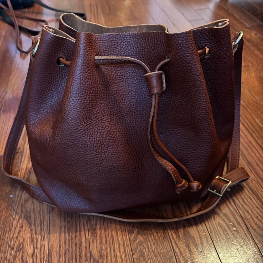 Pebble Leather Brown Drawstring Bucket Crossbody Portland leather goods